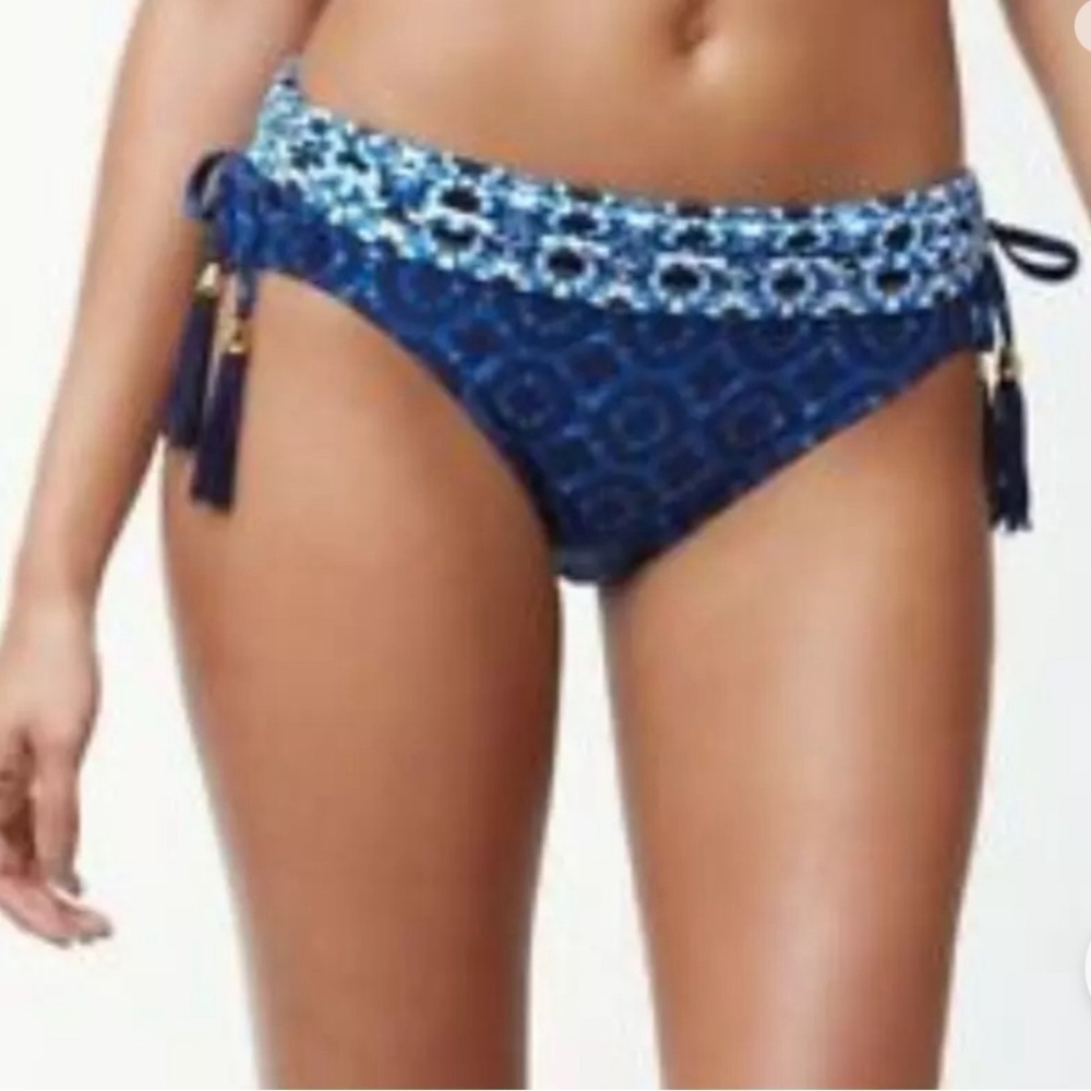 Tommy Bahama Blue Geometric Tile Side Tie Tassel Bikini Bottoms Small Beach Swim